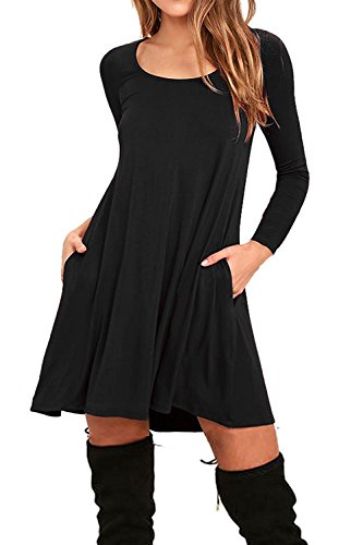 AUSELILY Women's Round Neck Long Sleeve A-Line Plain Simple T-Shirt Swing Dress With Pockets (L, Long Sleeve-Black)