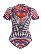 Short Sleeve Band Collar One Piece In Tribal Printed