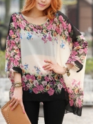 Round Neck See-Through Floral Printed Batwing Sleeve Tunic