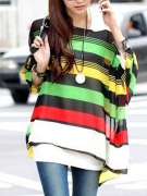 One Shoulder Color Block Hollow Out Striped Batwing Sleeve Tunic