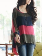 Color Block Hollow Out Striped Round Neck Batwing Sleeve Tunic