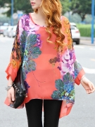 Round Neck See-Through Floral Batwing Sleeve Tunic
