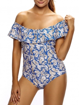 Off Shoulder Flounce Paisley Printed One Piece