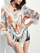 V-Neck  Fringe See-Through  Crochet  Feather Printed Tunic