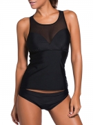 Round Neck Racerback Hollow Out Solid Tankini In Black