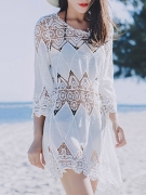 Round Neck  See-Through  Crochet Lace Plain Tunic