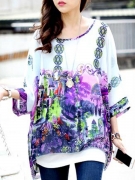 Round Neck See-Through Printed Batwing Sleeve Tunic