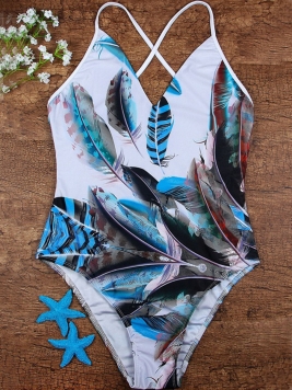 Spaghetti Strap Feather Printed One Piece