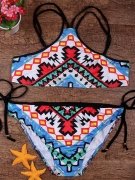 Spaghetti Strap Colorful Tribal Printed Bikini