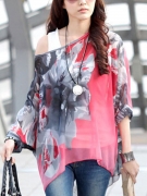 See-Through One Shoulder Printed Batwing Sleeve Tunic