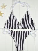 Lovely Halter Hollow Out Vertical Striped Bikini