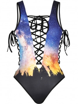 Deep V-Neck Lace-Up Hollow Out Printed One Piece