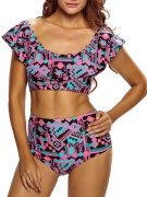 Geometric Printed Open Shoulder Flounce Bikini