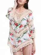 V-Neck Patchwork See-Through Crochet Floral Tunic