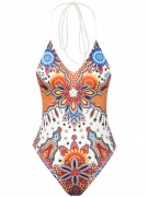 Colorful Printed Halter Lace-Up One Piece