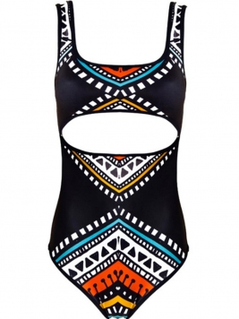 Square Neck Cutout Tribal Printed One Piece