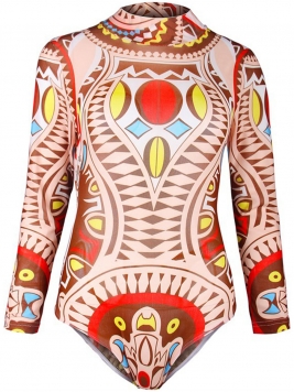 Colorful Printed Band Collar Long Sleeve One Piece