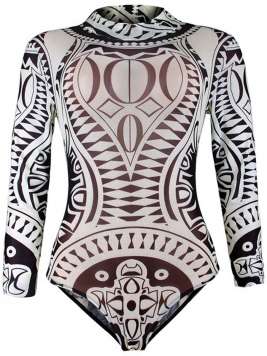 Band Collar  Printed One Piece With Long Sleeve