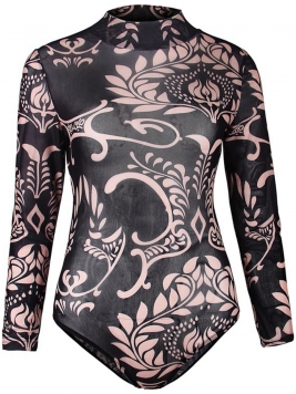 Band Collar Long Sleeve Printed One Piece