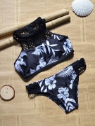 Round Neck  Backless  Hollow Out Printed Bikini