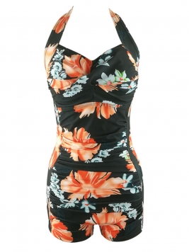 Halter  Floral Printed Ruched One Piece