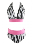 Halter Zebra Printed Color Block Bikini