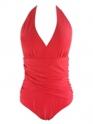 Halter Ruched Solid One Piece In Red