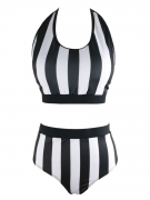 Halter Black White Vertical Striped Bikini