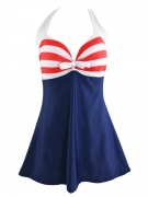 Halter  Bowknot  Striped Skirted One Piece