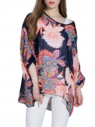 Oversized See-Through Printed Batwing Sleeve Tunic