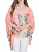 See-Through Multi-Color Printed  Batwing Sleeve Tunic
