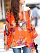 Batwing Sleeve One Shoulder  See-Through  Printed  Tunic
