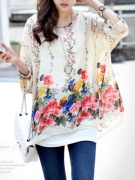 Round Neck  See-Through  Printed  Batwing Sleeve Tunic