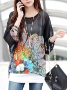 Loose Printed See-Through Batwing Sleeve Tunic