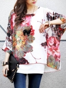 Casual See-Through Printed Batwing Sleeve Tunic