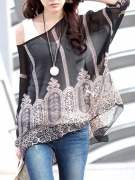One Shoulder Printed See-Through Bell Sleeve Tunic