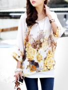 See-Through Batwing Sleeve Tunic In Floral Printed