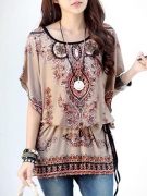 Round Neck  Printed  Batwing Sleeve Tunic