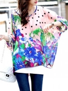 Floral Polka Dot  See-Through  Batwing Sleeve Tunic
