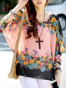 Floral  Batwing Sleeve Round Neck  See-Through Tunic