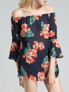 Off Shoulder  Hollow Out Printed  Kimono Sleeve Tunic