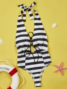 Halter Striped Lace-Up One Piece