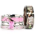 4pcs His Hers Camo Pink Radiant Stainless Steel Sterling Silver Wedding Ring...