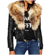 Women’s Classic Faux Fur Collar PU Leather Zip Up Jacket.
