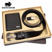 BISON DENIM Box Gift Set For Men Genuine Leather Wallet And Genuine Leather Belt Male Christmas Gift Long Clutch Purse Bag Black – Mens Wallet Best Price