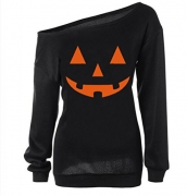 Rjxdlt Women Halloween Sweatshirts Off Shoulder Pumpkin Print Long Sleeve Pullover Tops Black L.