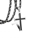 FIBO STEEL Stainless Steel Carbon Fiber Cross Necklace for Men Byzantine Chain...