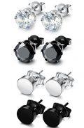 FUNRUN JEWELRY 4 Pairs Stainless Steel Stud Earrings for Men Women CZ...