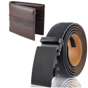 Souarts Mens Artificial Leather Quartz Analog Wrist Watch Belt Wallet Gift Set Dark Blue – Mens Wallet Best Price