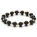 Mens Womens Volcanic Lava Stone Bracelet with Small Gold Color Beads, Prayer...